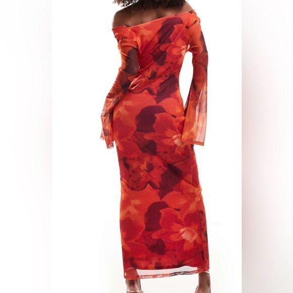 NWT ASOS design cowl mesh front maxi dress with flare sleeve in red floral - Picture 3 of 6